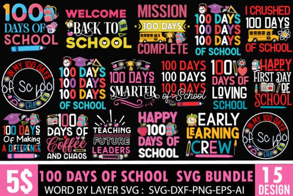 100 Days of School SVG Bundle, Graphics & T-Shirt Designs